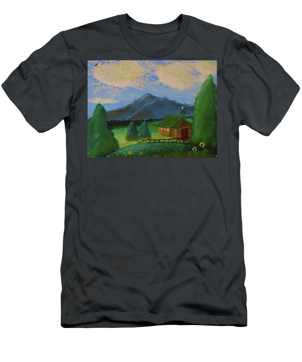 Wyoming T-Shirt featuring the painting Esterbrook Chapel, Wyoming by Chance Kafka
