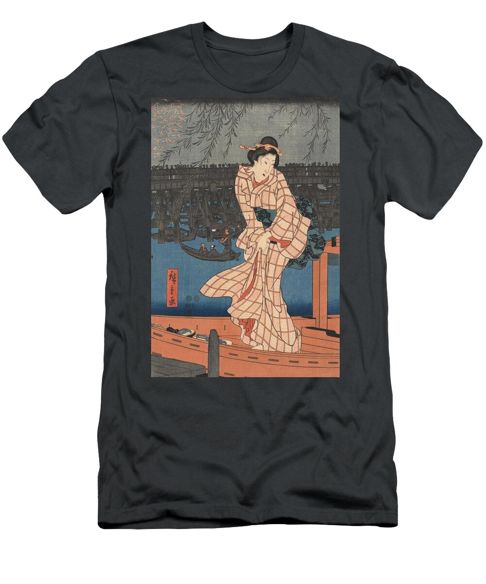 Utagawa Hiroshige T-Shirt featuring the painting Evening Cool and Great Fireworks at Ryogoku, central sheet of a triptych. by Utagawa Hiroshige