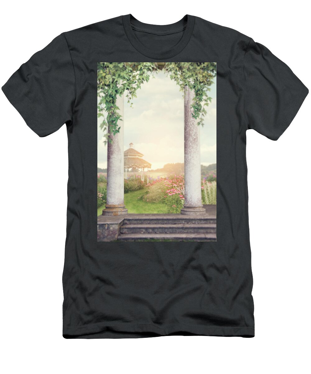 Fantasy T-Shirt featuring the photograph Fantasy garden with pillars and flowering plants by Ethiriel Photography