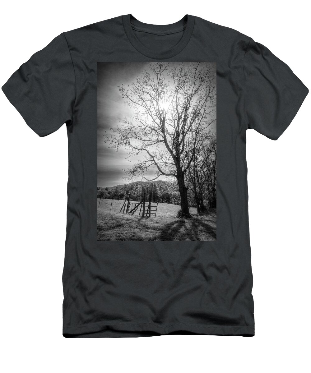 Appalachia T-Shirt featuring the photograph Farm Gate in Black and White by Debra and Dave Vanderlaan