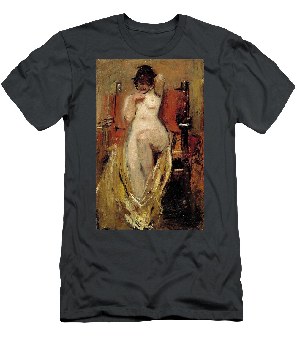 Female Nude T-Shirt featuring the painting 'Female Nude', 1894, Spanish School, Oil on panel, 31 cm x 20 cm, P04... by Ignacio Pinazo Camarlench -1849-1916-