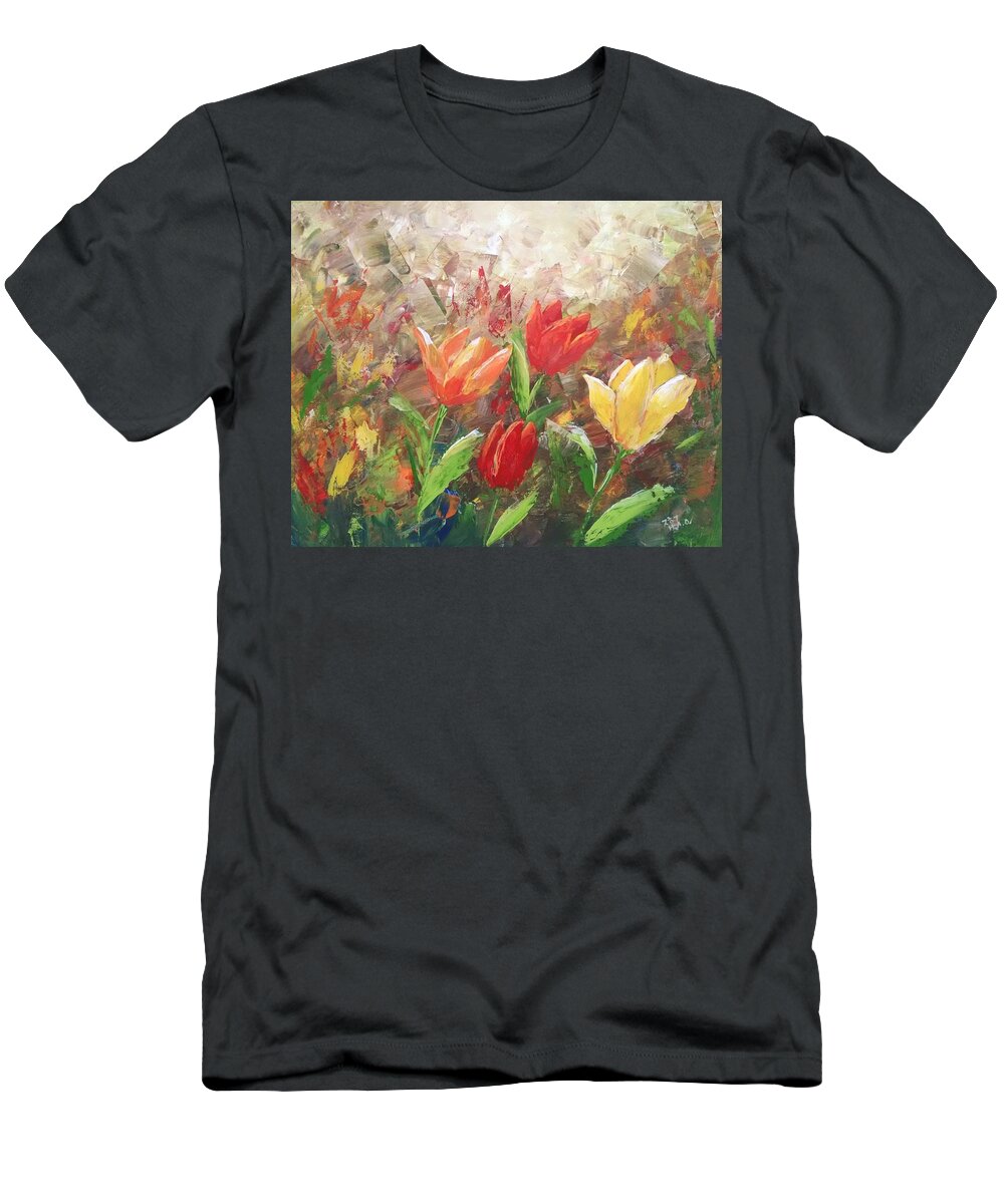 Tulips T-Shirt featuring the painting Field of Tulips by Helian Cornwell