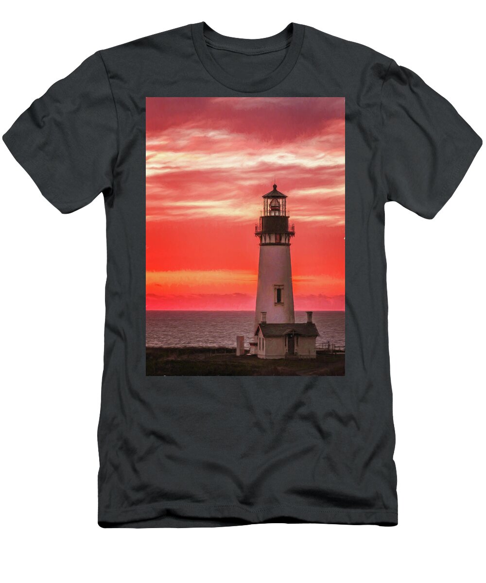 Yaquina Head Light T-Shirt featuring the photograph Fiery Sunset at Yaquina Head Light by Jaki Miller
