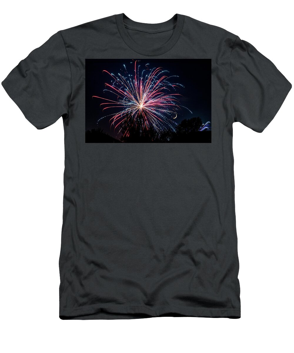 Fireworks T-Shirt featuring the photograph Fireworks and Moon by Allin Sorenson