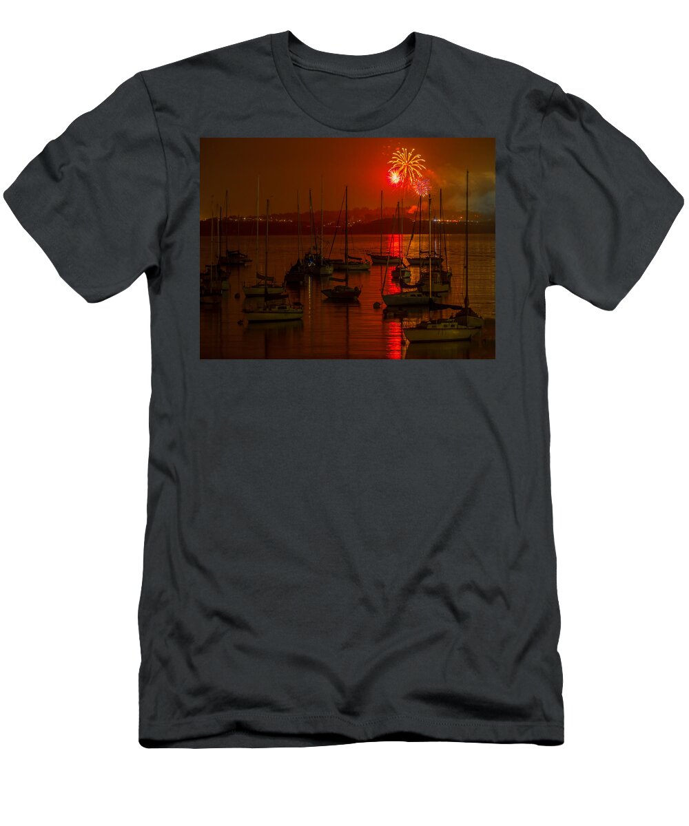 Fireworks T-Shirt featuring the photograph Fireworks Over Monterey Bay by Derek Dean