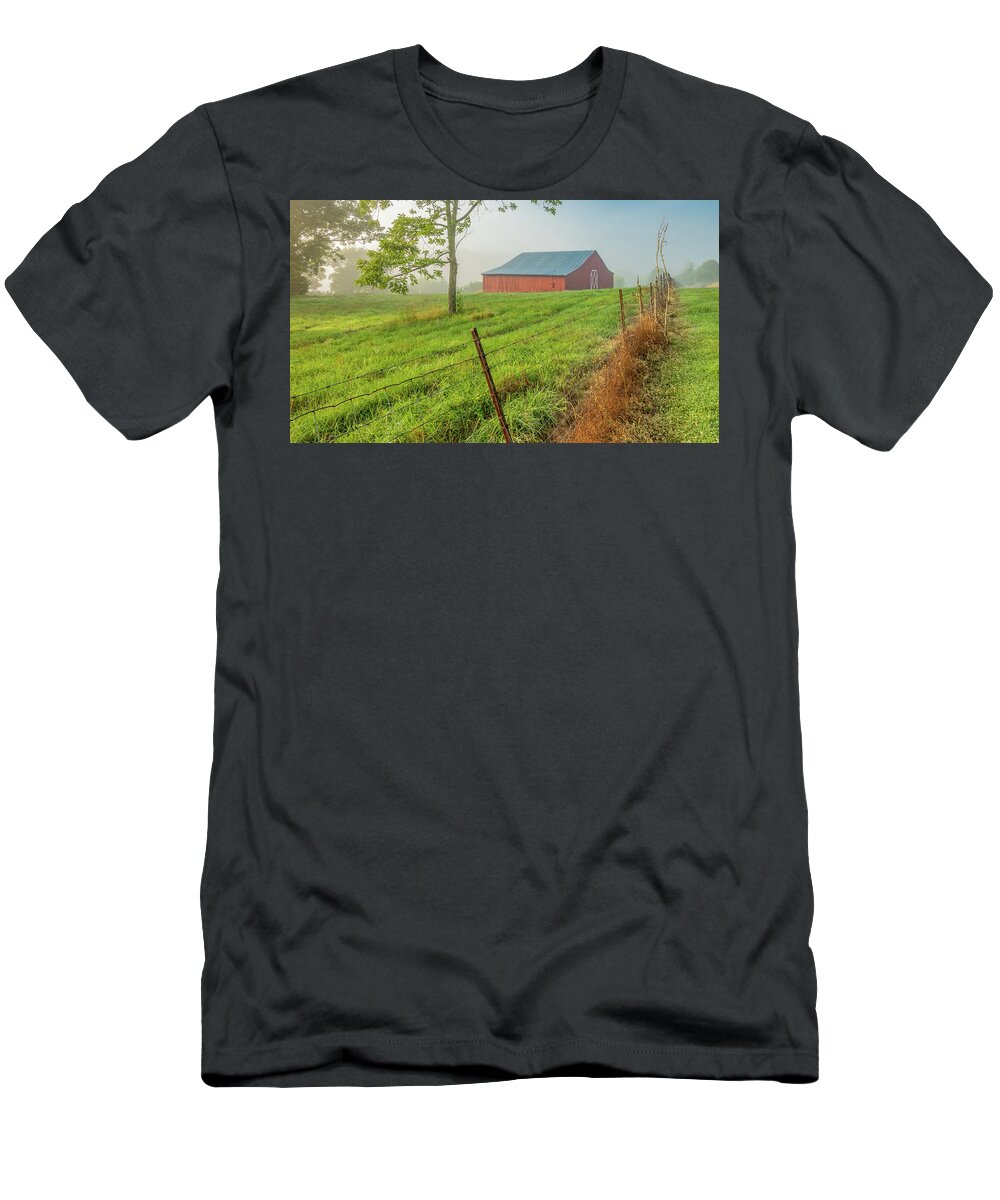 Barn T-Shirt featuring the photograph First Light of a Foggy Morning by Marcy Wielfaert