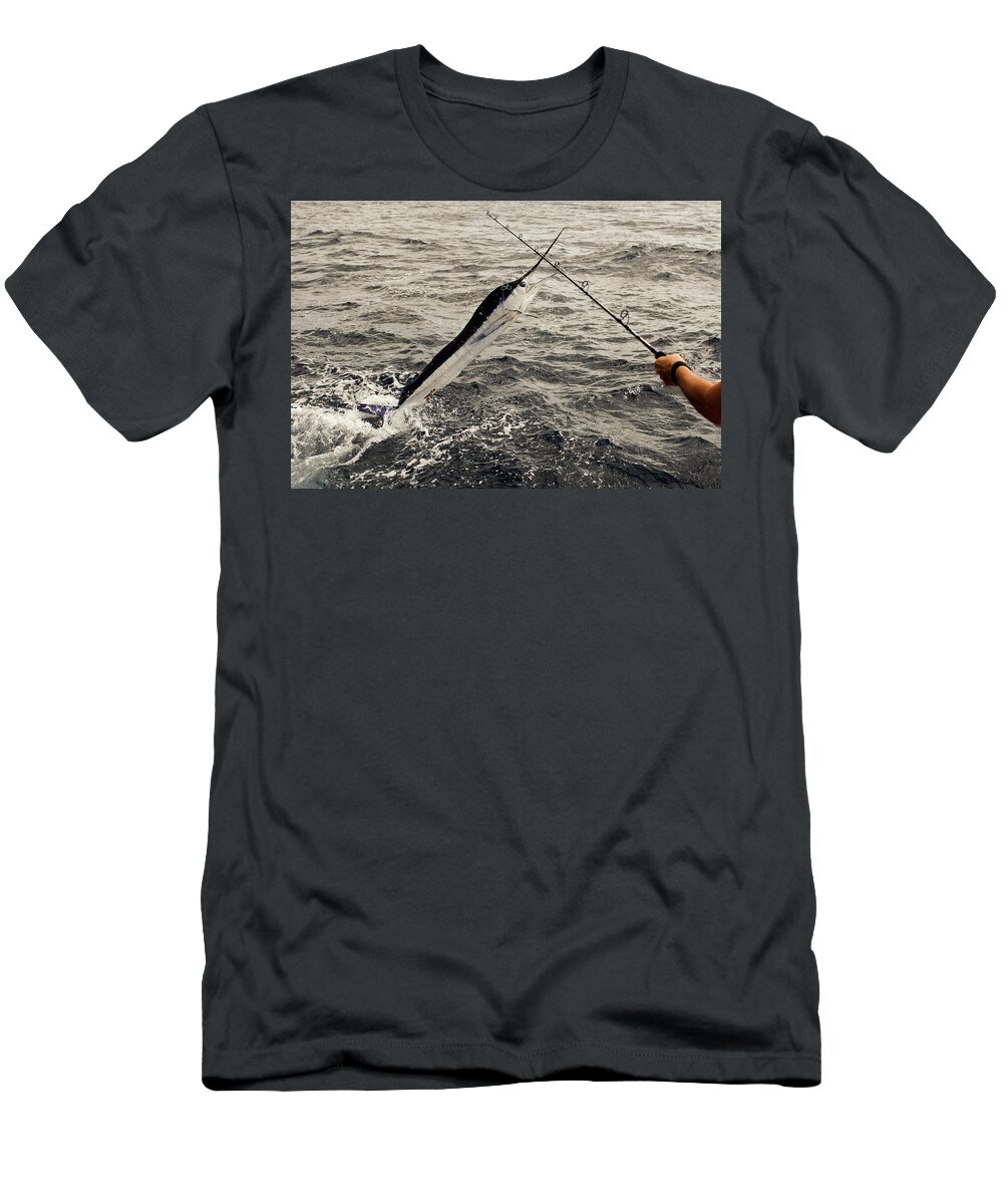 Stripped Marlin T-Shirt featuring the photograph Fisherman and Marlin battle off stern of sport fishing boat by David Shuler
