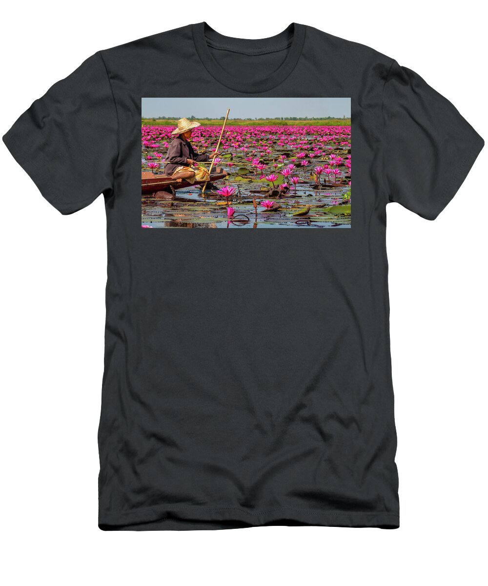 Art T-Shirt featuring the photograph Fishing in the Red Lotus Lake by Jeremy Holton