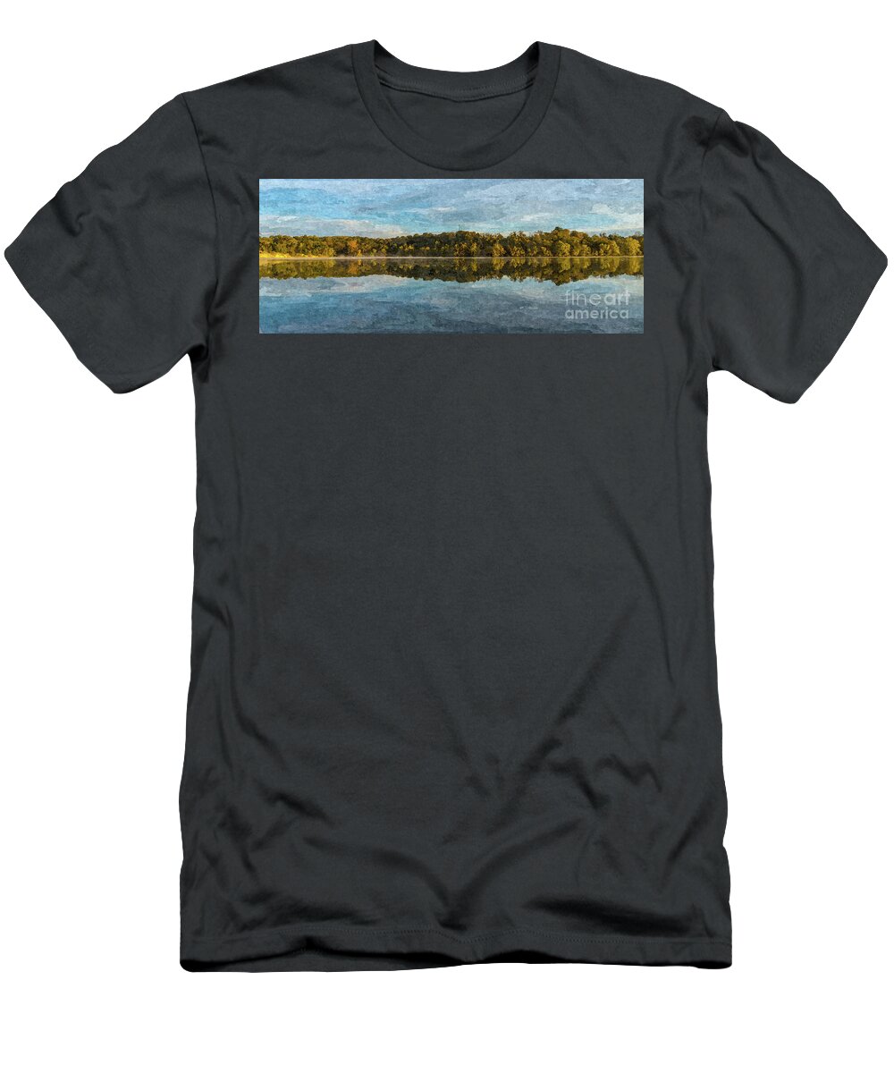 Autumn T-Shirt featuring the mixed media Fog Split Reflections Painterly by Jennifer White