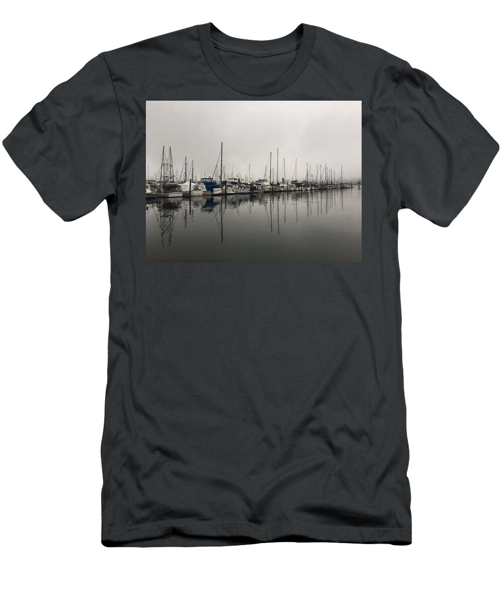 Fog T-Shirt featuring the photograph Foggy Morning at the Marina by Jerry Abbott