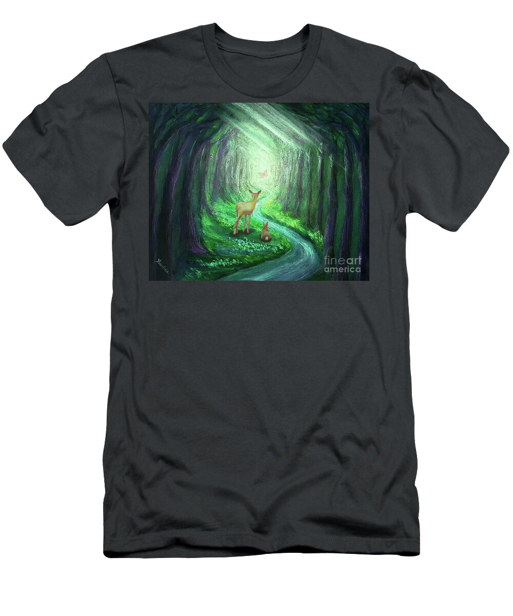 Forest T-Shirt featuring the mixed media Follow the light- green by Yoonhee Ko
