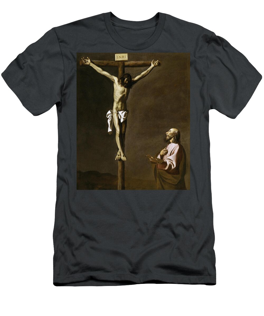 Francisco De Zurbaran T-Shirt featuring the painting Francisco de Zurbaran / 'Saint Luke as a painter, before Christ on the Cross, Spanish School. by Francisco de Zurbaran -c 1598-1664-