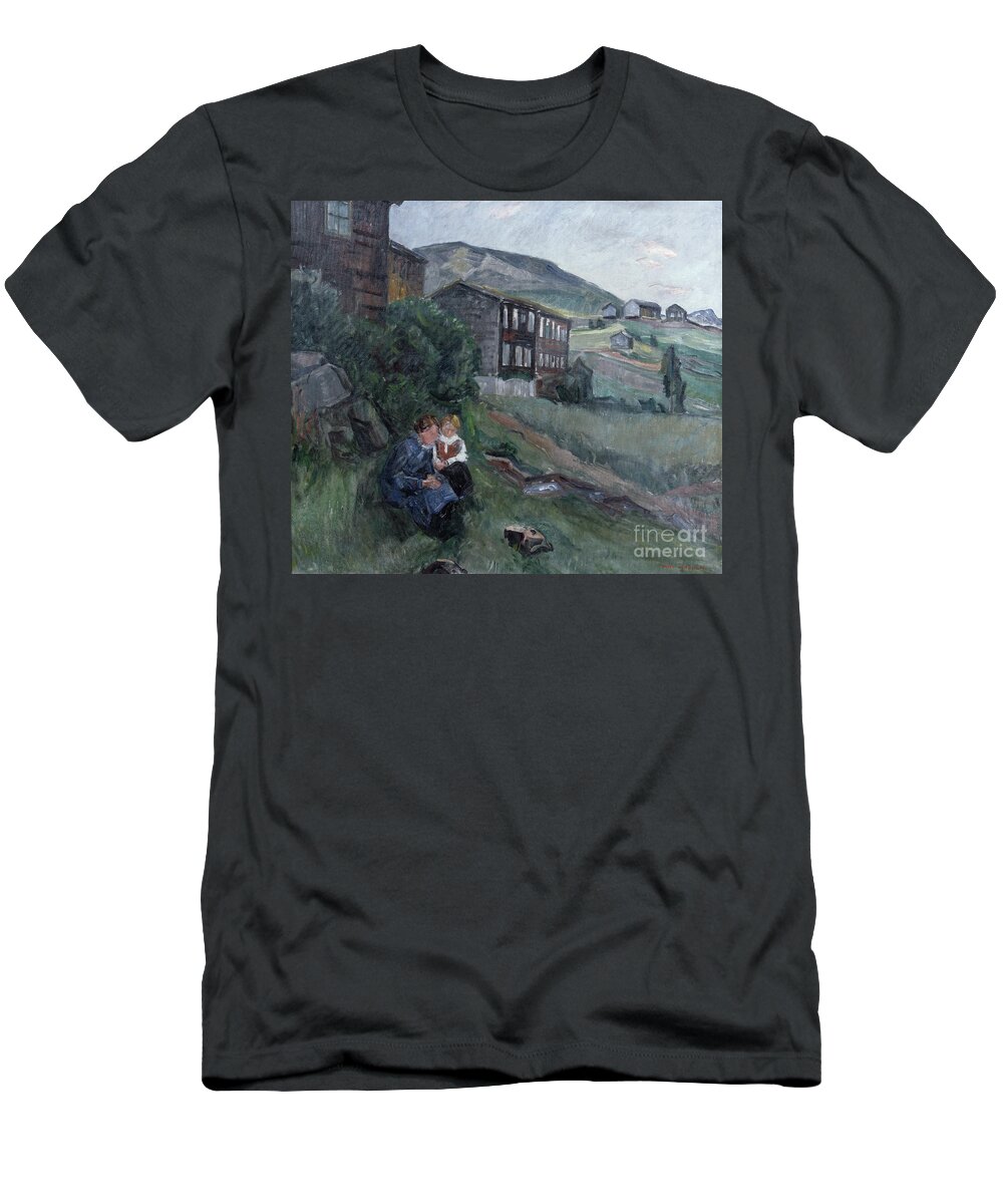 Kid T-Shirt featuring the painting From Gudbrandsdalen, Woman And Child In Landscape, 1929 by Lars Jorde