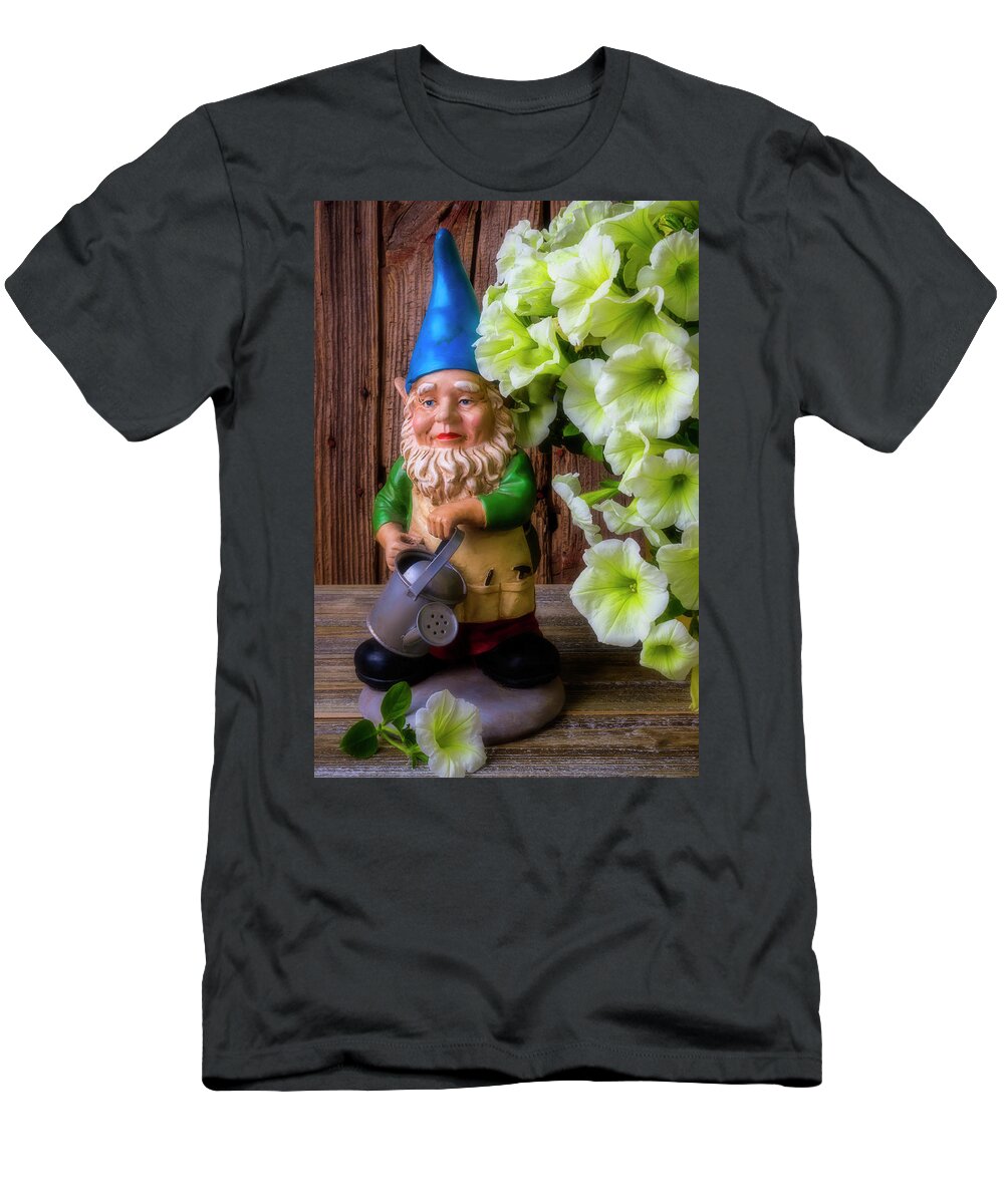 Garden T-Shirt featuring the photograph Garden Gnome With Petunias by Garry Gay