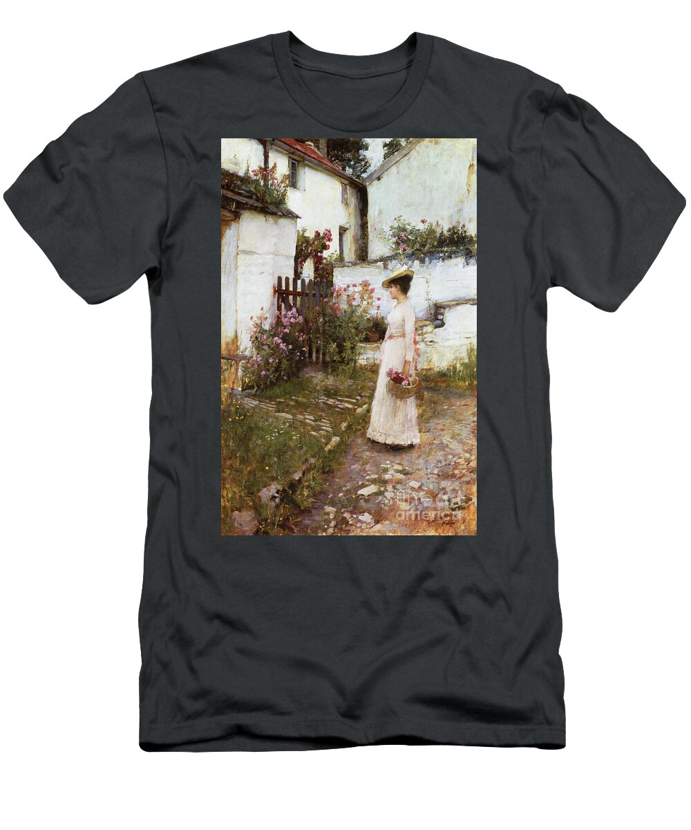 19th Century T-Shirt featuring the painting Gathering Summer Flowers In A Devonshire Garden, 1893 by John William Waterhouse