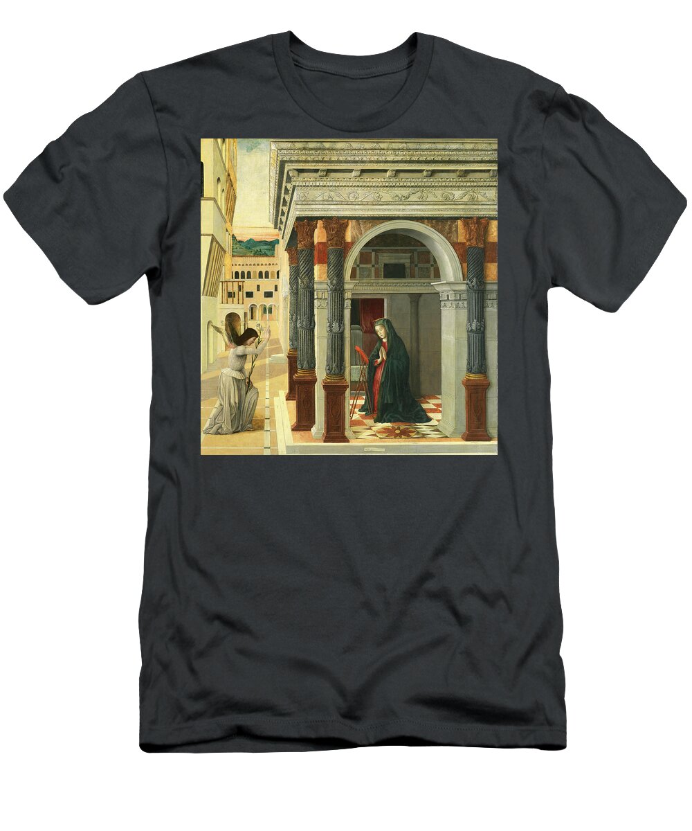 Gentile Bellini T-Shirt featuring the painting Gentile Bellini -Venice -?-, 1429 - Venice, 1507-. The Annunciation -ca. 1475-. Mixed media on pa... by Gentile Bellini -1429-1507-