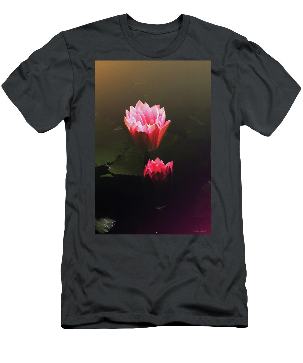 Lotus T-Shirt featuring the digital art Glowing Pink Water Lilies by Trina Ansel