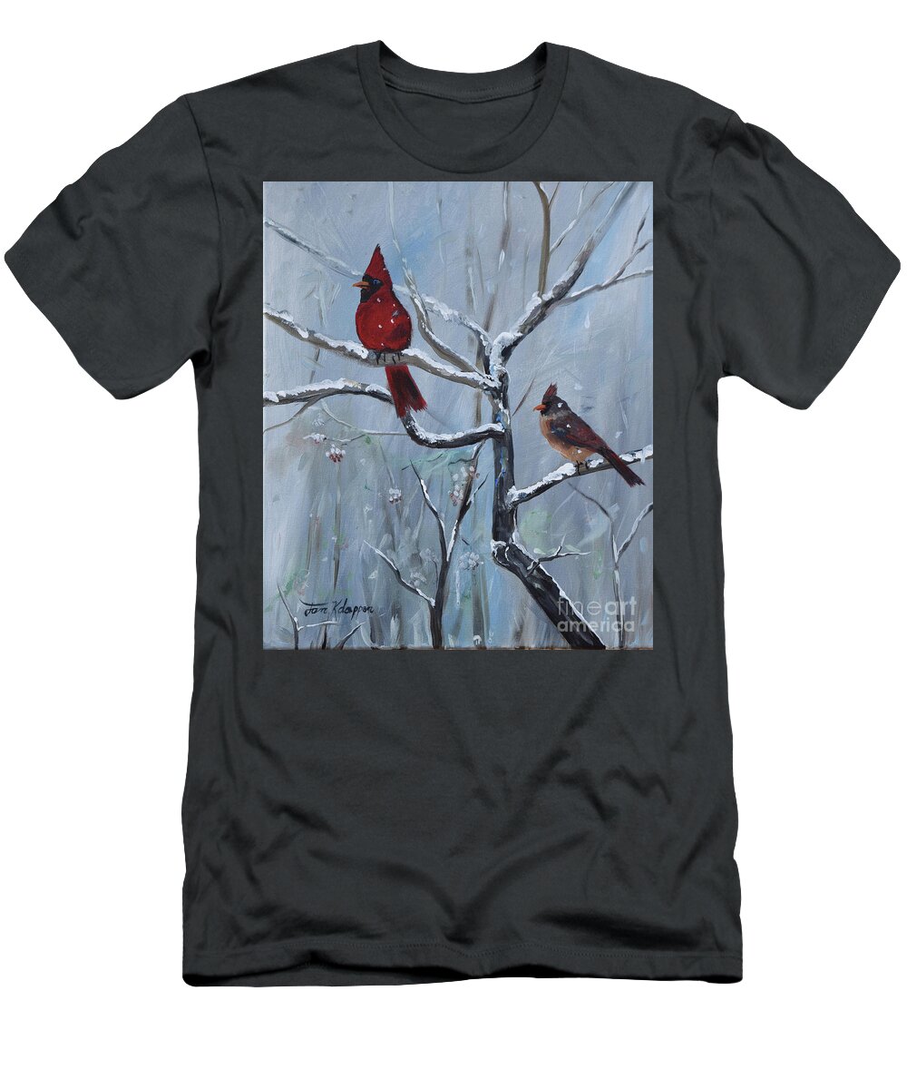 Cardinals T-Shirt featuring the painting Gone Away is the BlueBird - Walking in a Winter Wonderland by Jan Dappen