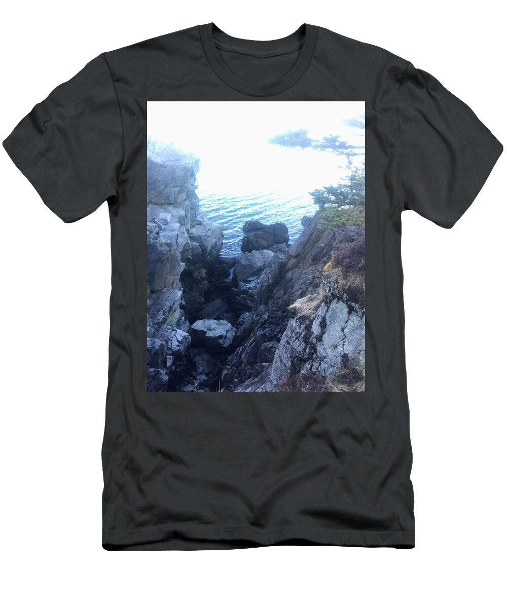 Lubec Maine Granite Cliff Cliffs Ocean Coast Bold Hike Trail Blue Green T-Shirt featuring the photograph Gray Maine Granite by Lena Hatch