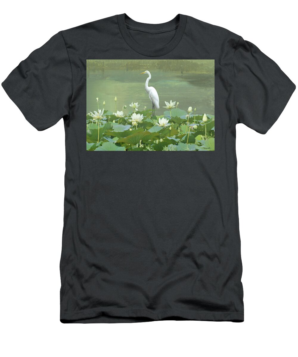 Flowers T-Shirt featuring the digital art Great Egret and Lotus Flowers by M Spadecaller