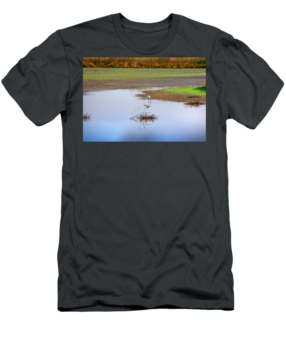 Egret T-Shirt featuring the photograph Great Egret Reflection Pond by Anthony Jones