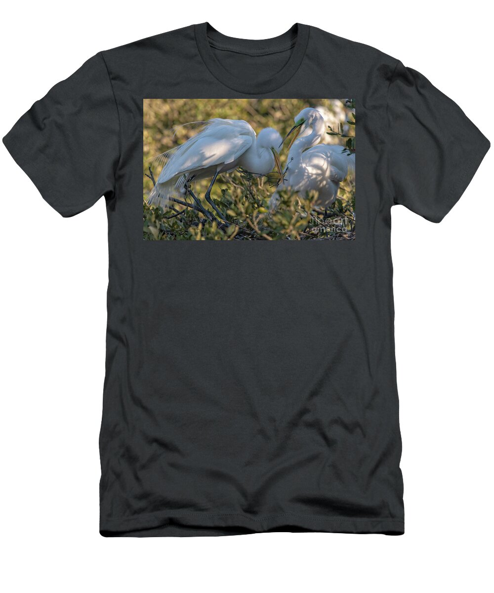 Egrets T-Shirt featuring the mixed media Great Egrets Precious Moment by DB Hayes
