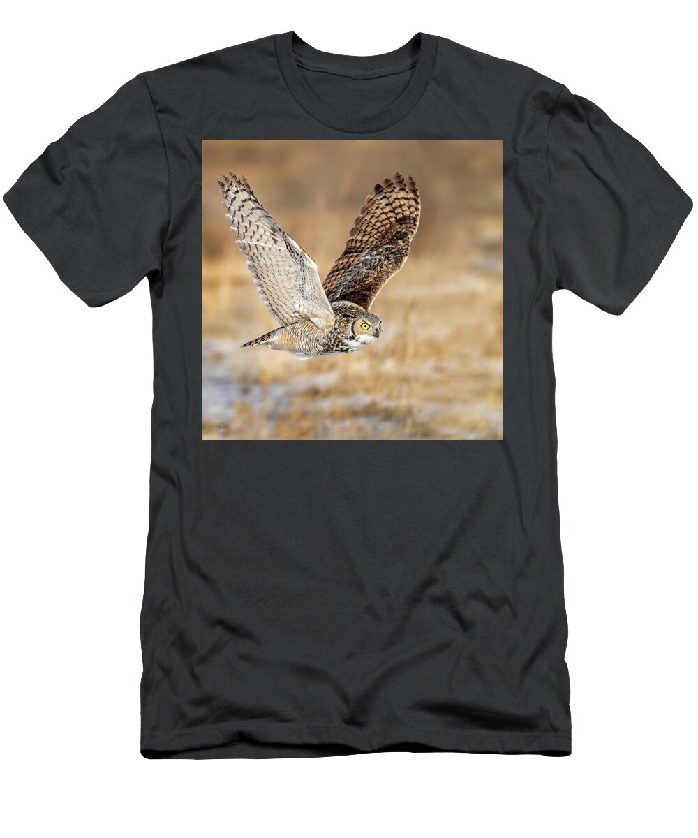 Great Horned Owl T-Shirt featuring the photograph Great Horned Owl in Flight by Judi Dressler