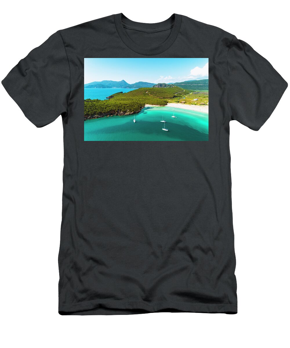 Estock T-Shirt featuring the digital art Greece, Epirus, Preveza, Mediterranean Sea, Aerial View Of Nicos Beach In Ammoudia With Sailing Boats, A Small Fishing Village by Armand Ahmed Tamboly