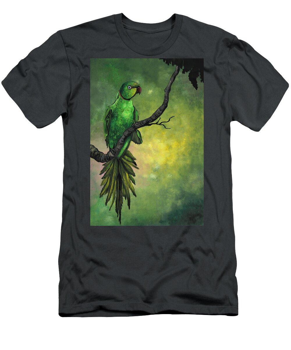 Bird T-Shirt featuring the painting Green ring -necked parrot by Tara Krishna