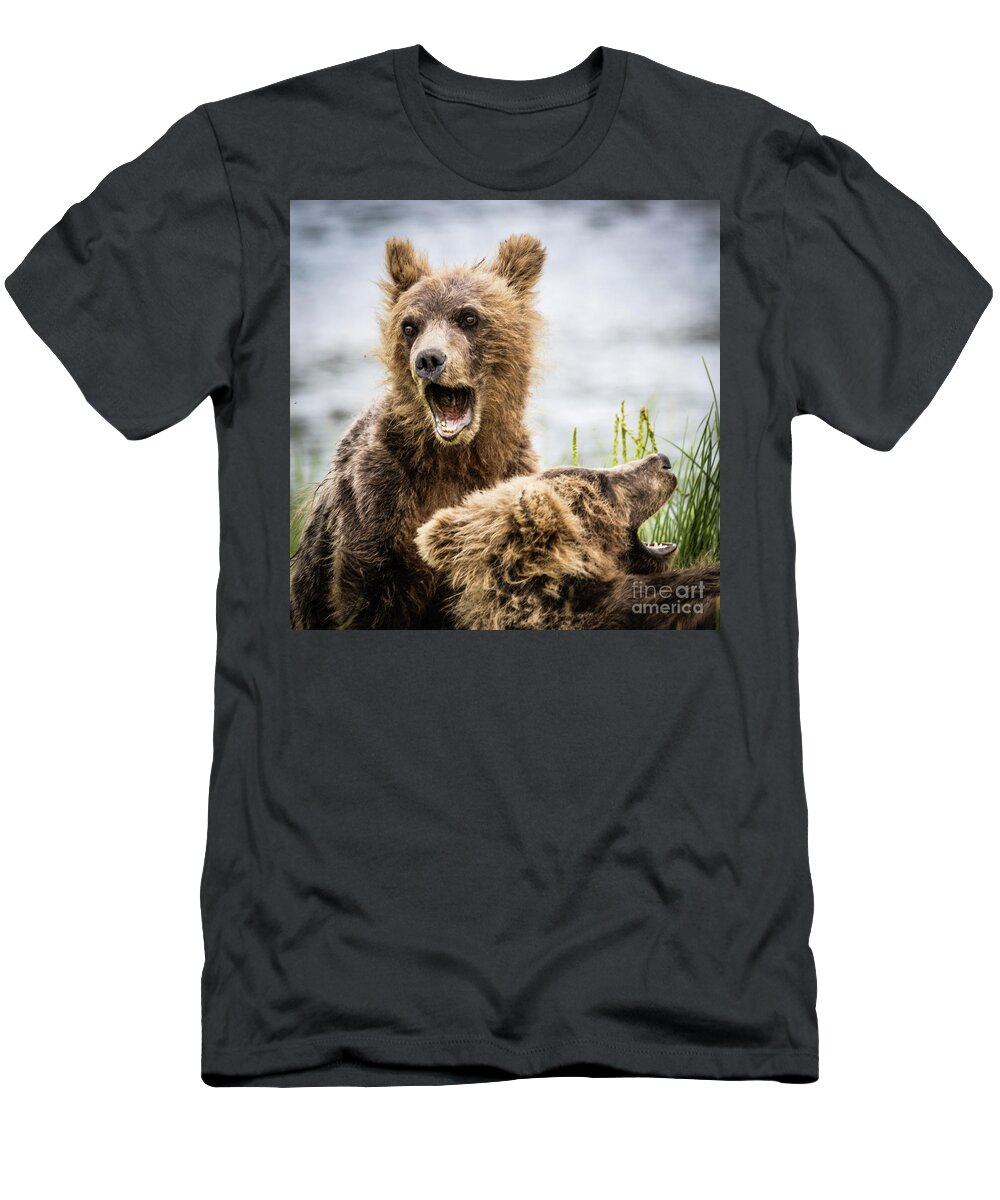 Grizzly T-Shirt featuring the photograph Grizzly cubs looking for their mum by Lyl Dil Creations