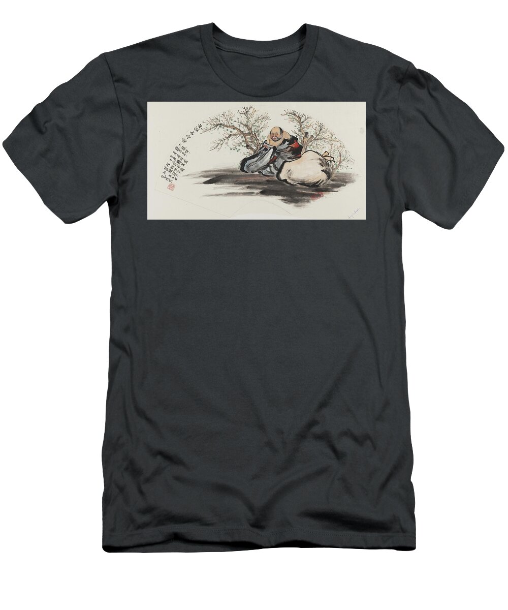 Chinese Watercolor T-Shirt featuring the painting Happy Wandering Buddha #2 by Jenny Sanders