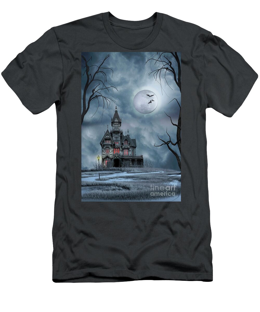 Black; Blue; Clouds; Cloudy; Creepy; Dark; Darkness; Death; Dismal; Dramatic; Evil; Fairytale; Fantasy; Ghost; Ghostly; Halloween; Haunted; Haunted House; Holiday; Horror; House; Macabre T-Shirt featuring the photograph Haunted House by Juli Scalzi