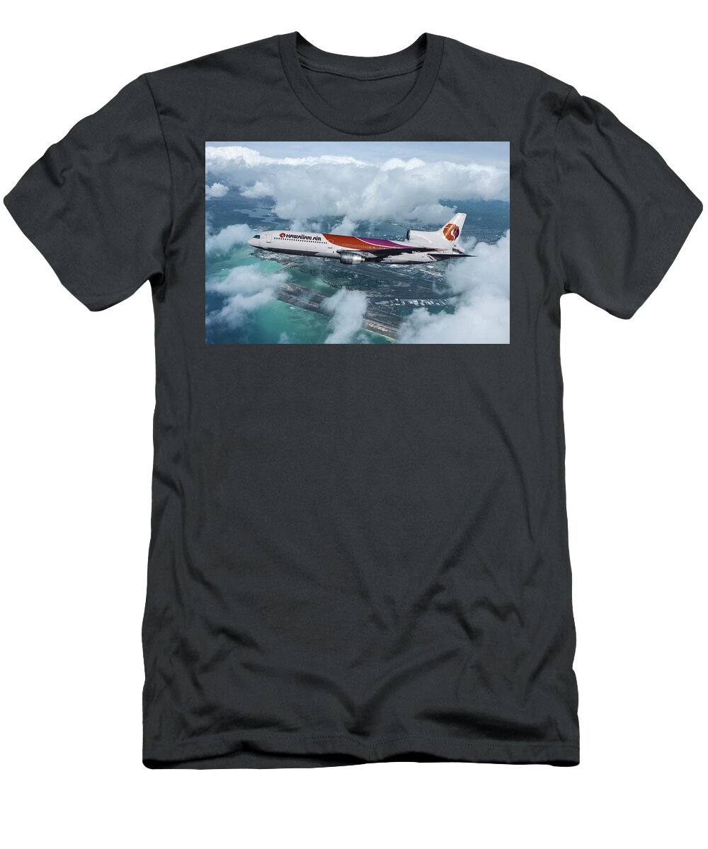 Hawaiian Airlines T-Shirt featuring the mixed media Hawaiian Airlines L-1011 TriStar by Erik Simonsen