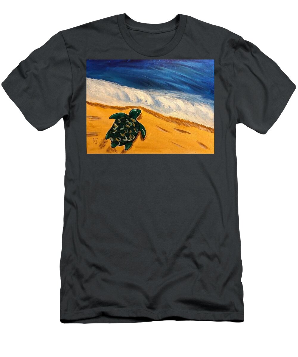 Turtle T-Shirt featuring the painting Headed to the Sea by Yvonne Sewell