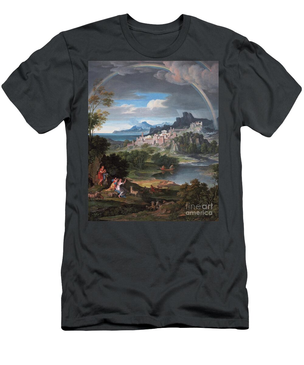 Rainbow T-Shirt featuring the painting Heroic landscape with rainbow, 1806 by Joseph Anton Koch