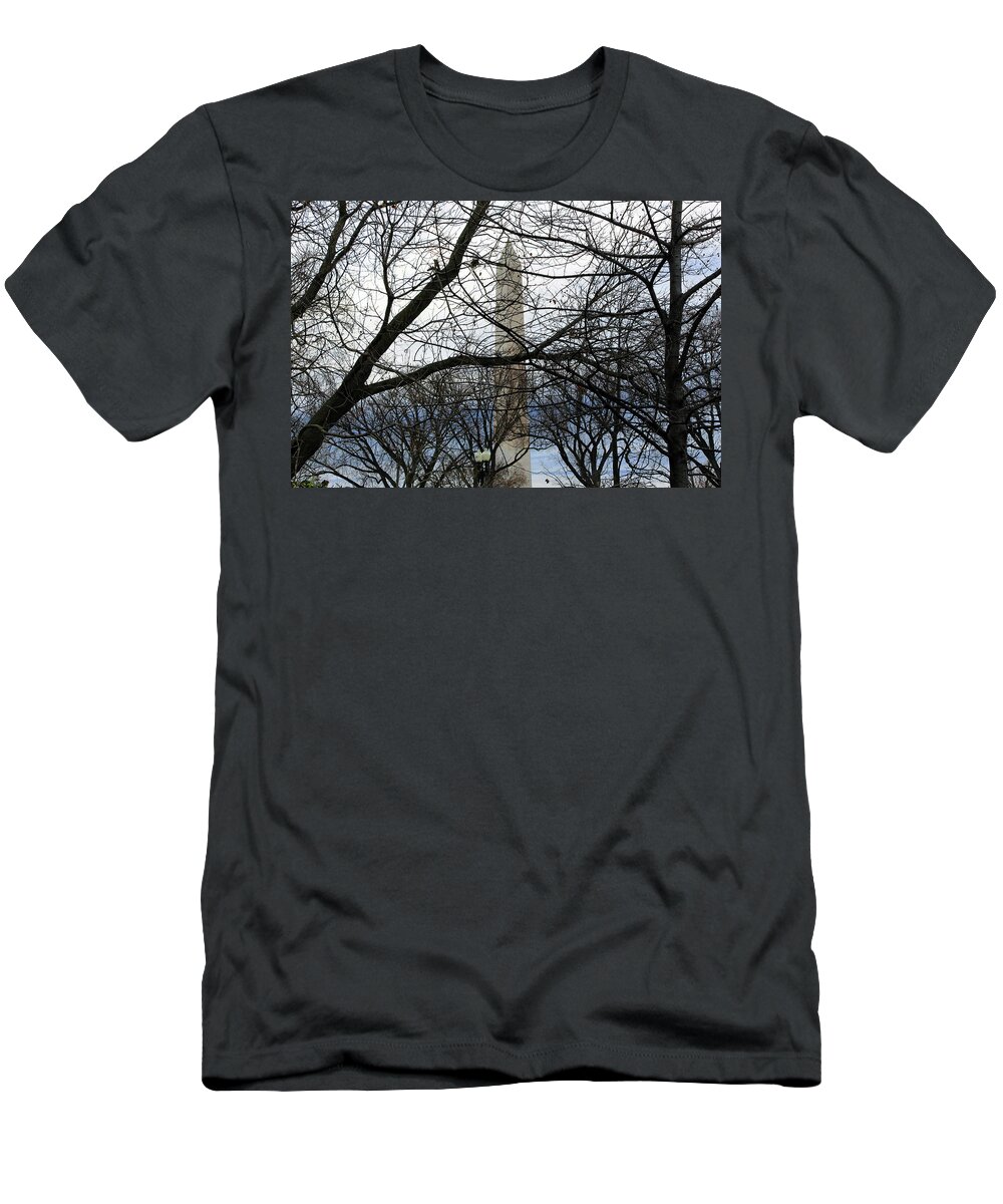 Washington T-Shirt featuring the photograph Washington Monument Behind Trees - 2 by Cora Wandel