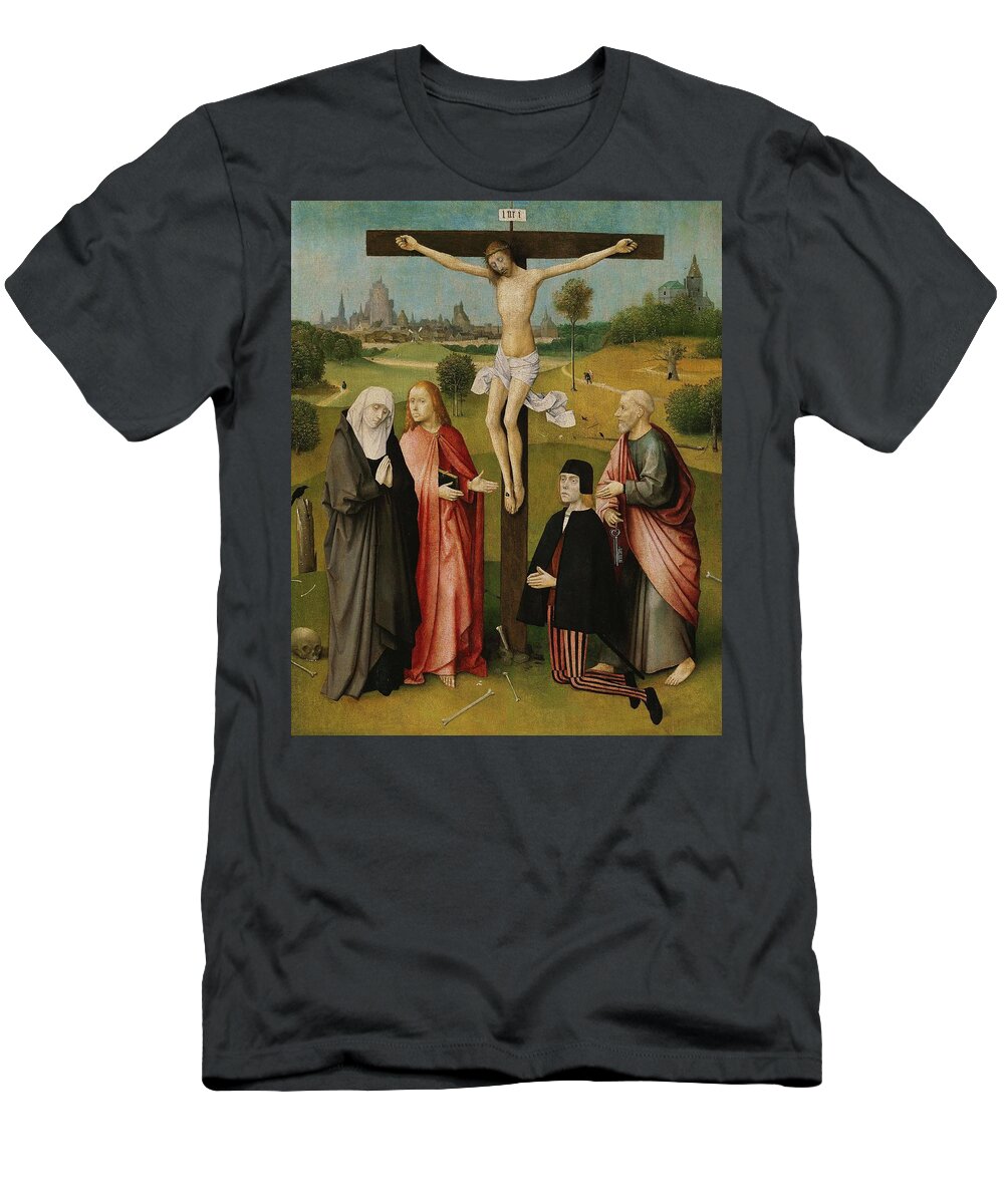 Crucifixion With A Donor T-Shirt featuring the painting Hieronymus Bosch / 'Crucifixion with a Donor', 1480-1485, Oil on wood, 74.7 x 61 cm. JESUS. by Hieronymus Bosch -c 1450-1516-
