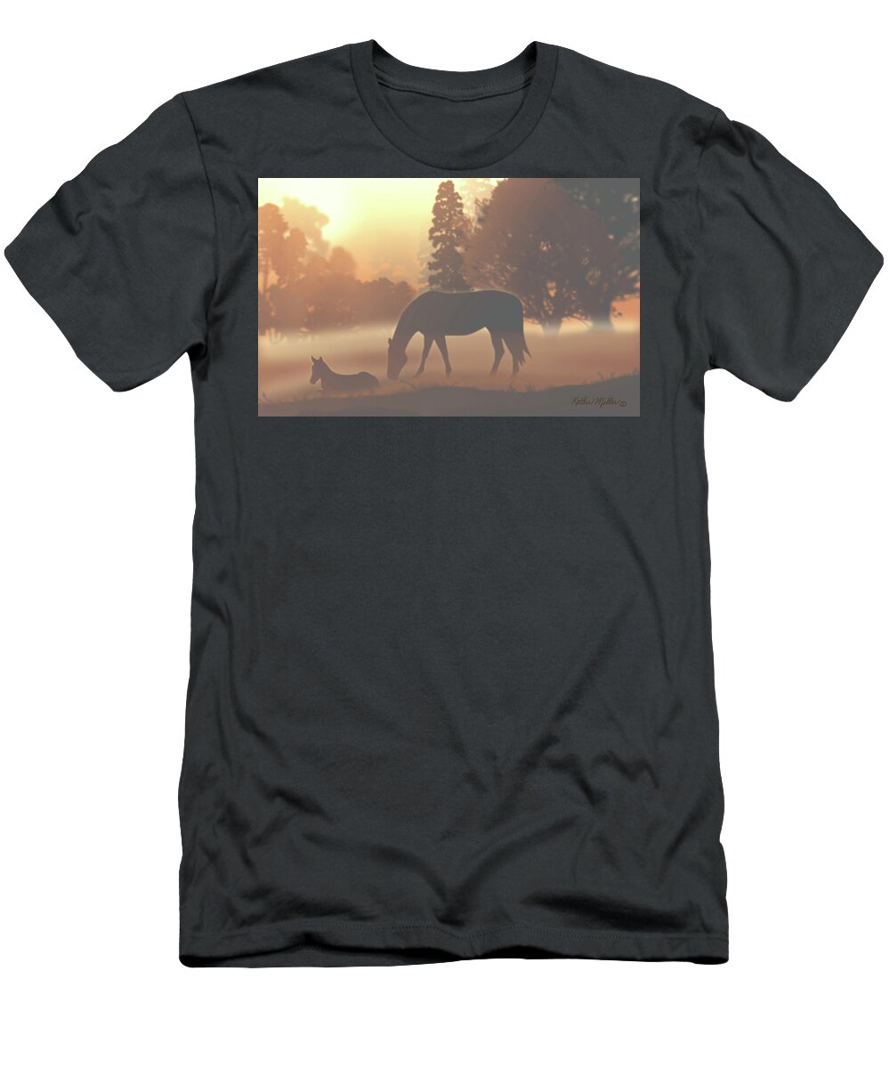 Horses T-Shirt featuring the digital art Horses in the Morning Fog by Kathie Miller