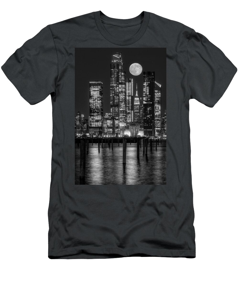 Nyc Skyline T-Shirt featuring the photograph Hudson Yards NYC And Full Moon BW by Susan Candelario