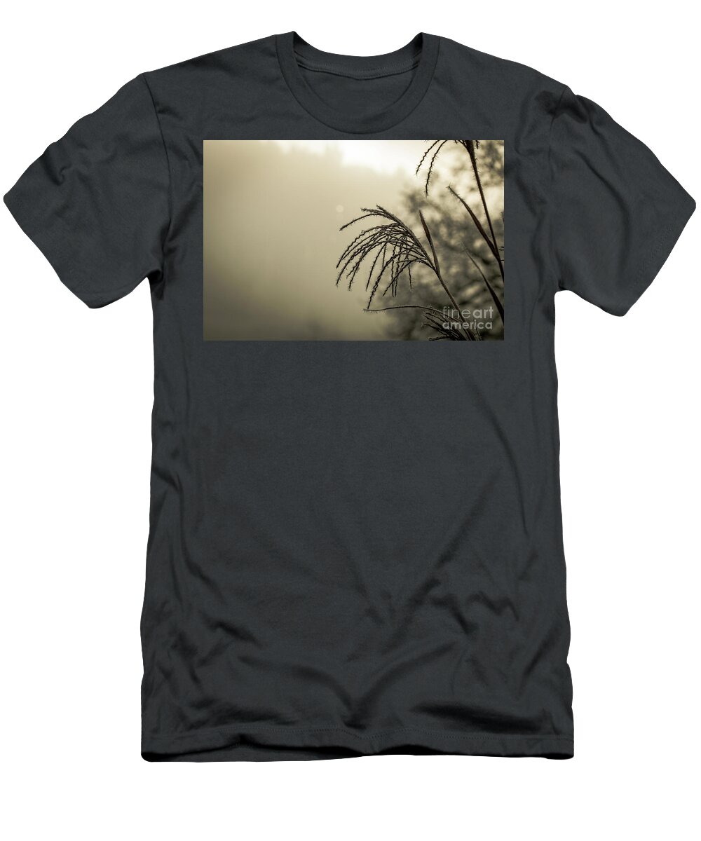 Autumn T-Shirt featuring the photograph Ice Crystals around frosted plant in winter with white space by Amanda Mohler