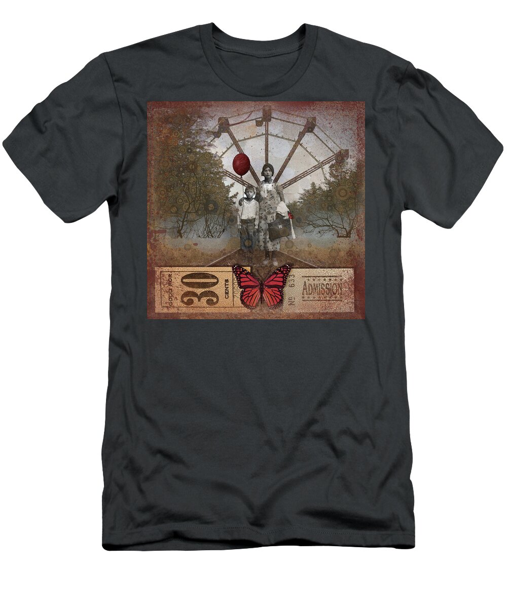 Ferris Wheel Butterfly Red Travel Ticket Balloon T-Shirt featuring the digital art Imagination Travel by Alisa Williams