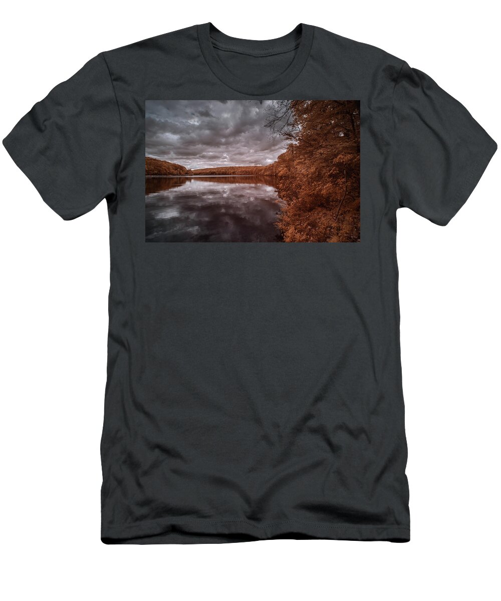 Infrared T-Shirt featuring the photograph Infrared view of a lake by Alan Goldberg
