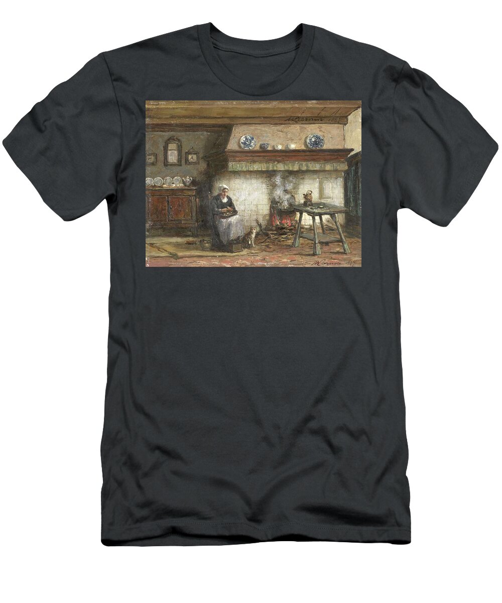 Oil On Panel T-Shirt featuring the painting Interior of a Cottage in Scheveningen. by Willem Adriaan Alexander Liernur -1856-1917-