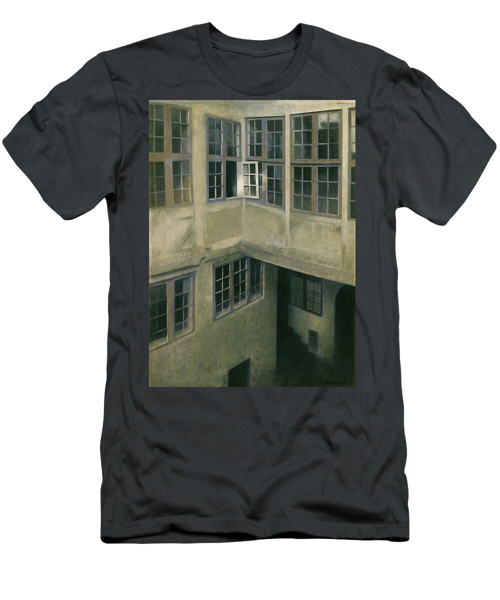 Vilhelm Hammershoi T-Shirt featuring the painting Interior of Courtyard, Strandgade 30. 1899. Oil on canvas. 66x 47 cm. Donation of the Apollo Soci... by Vilhelm Hammershoi