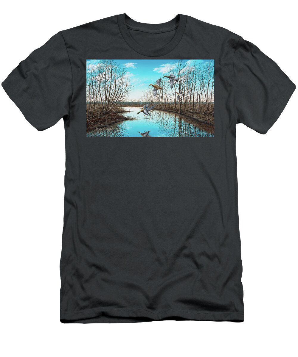 Mallard T-Shirt featuring the painting Intruder by Anthony J Padgett