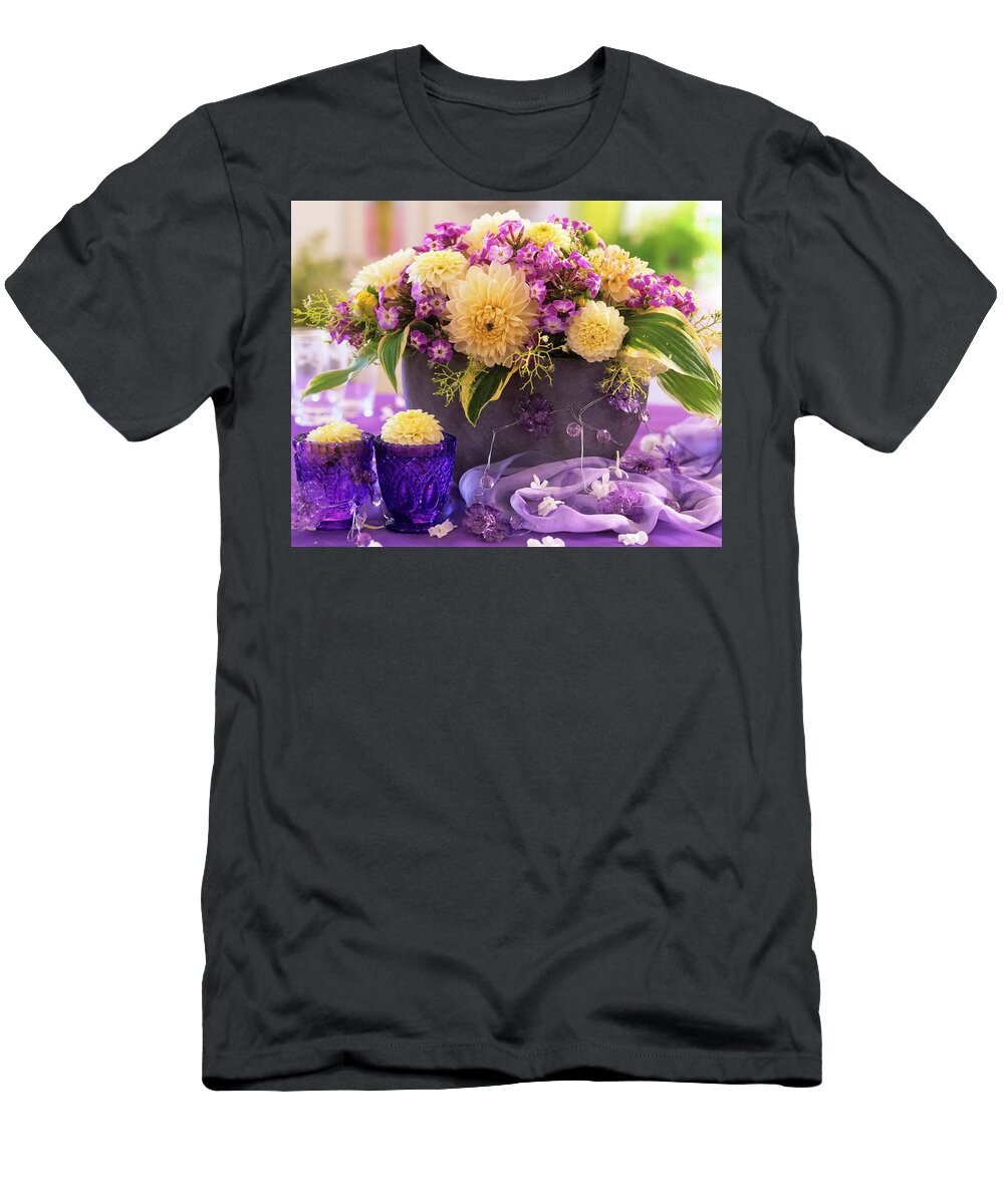 Ip_00271911 T-Shirt featuring the photograph Jardinire With Phlox, Dahlias And Hosta Leaves by Friedrich Strauss
