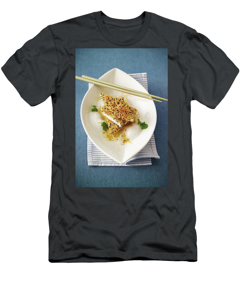 Ip_11260903 T-Shirt featuring the photograph John Dory Fillet With A Sesame Seed Coating Served With Glass Noodles And Coconut Foam by Michael Wissing