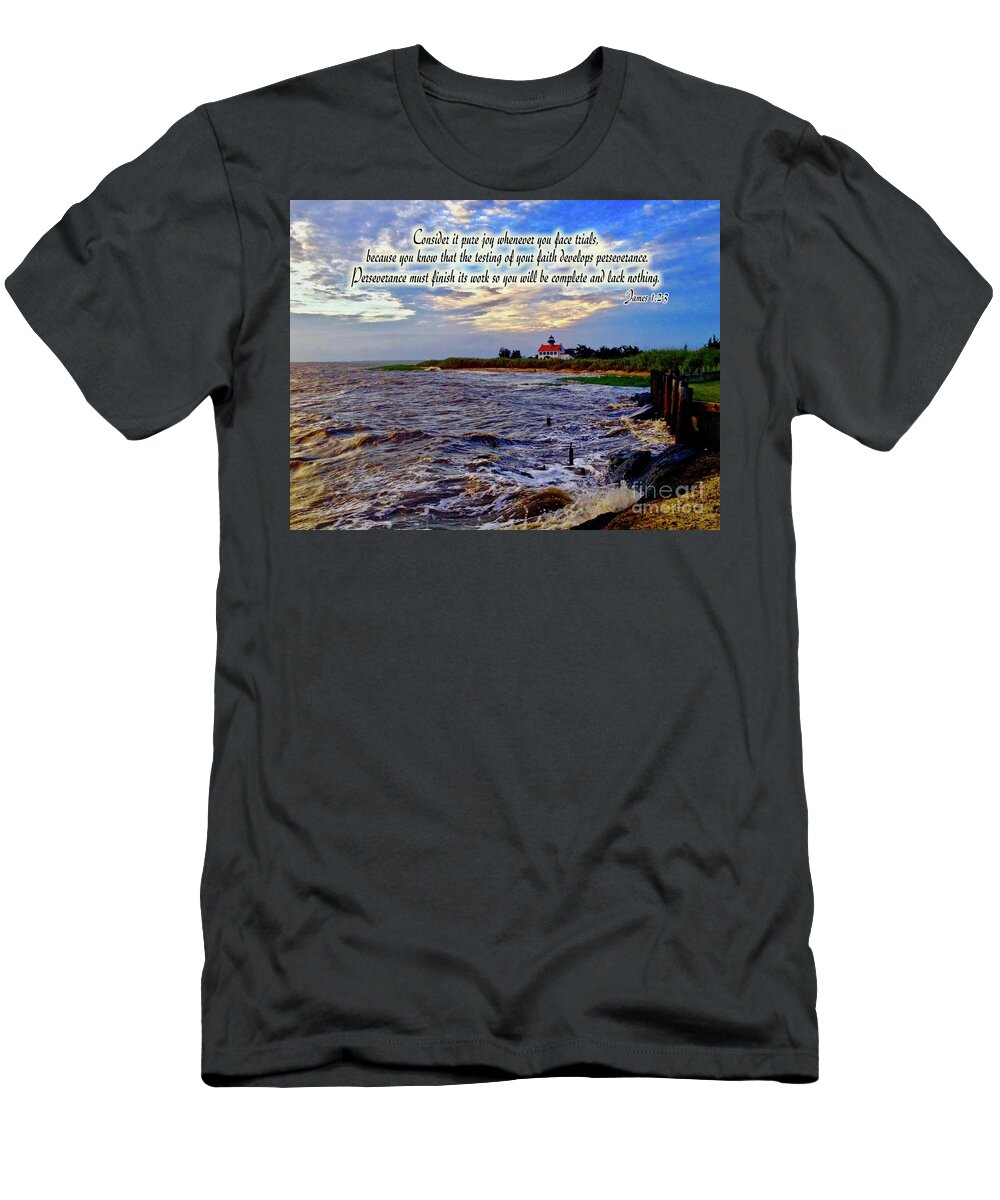 East Point Lighthouse T-Shirt featuring the mixed media Joy in the Journey by Nancy Patterson