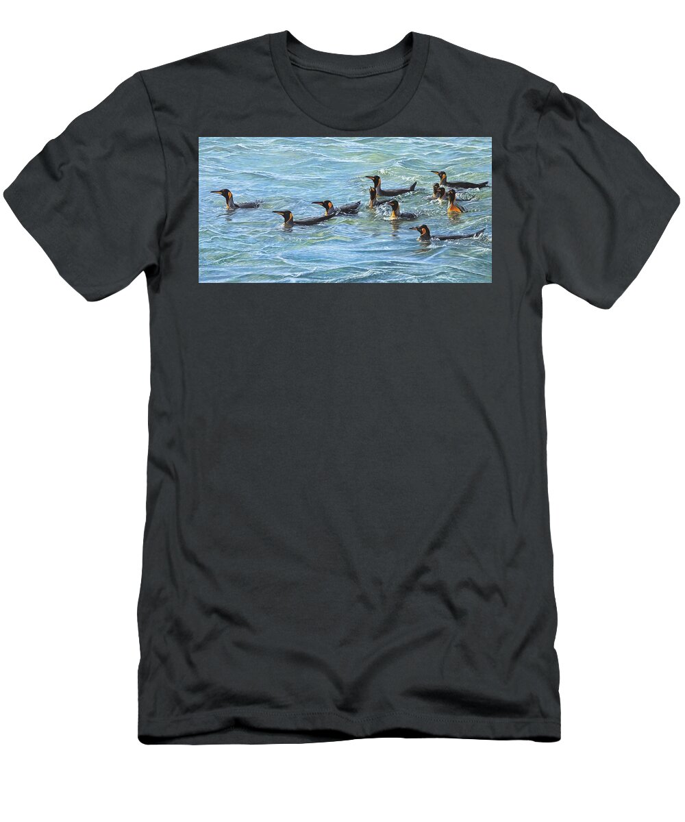 Alan M Hunt T-Shirt featuring the painting King Penguins Swimming by Alan M Hunt