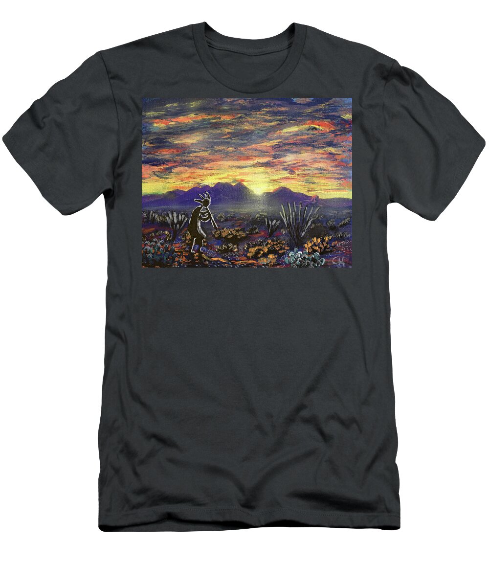Kokopelli T-Shirt featuring the painting Kokopelli and an Arizona Sunrise over the Santa Rita Mountains by Chance Kafka